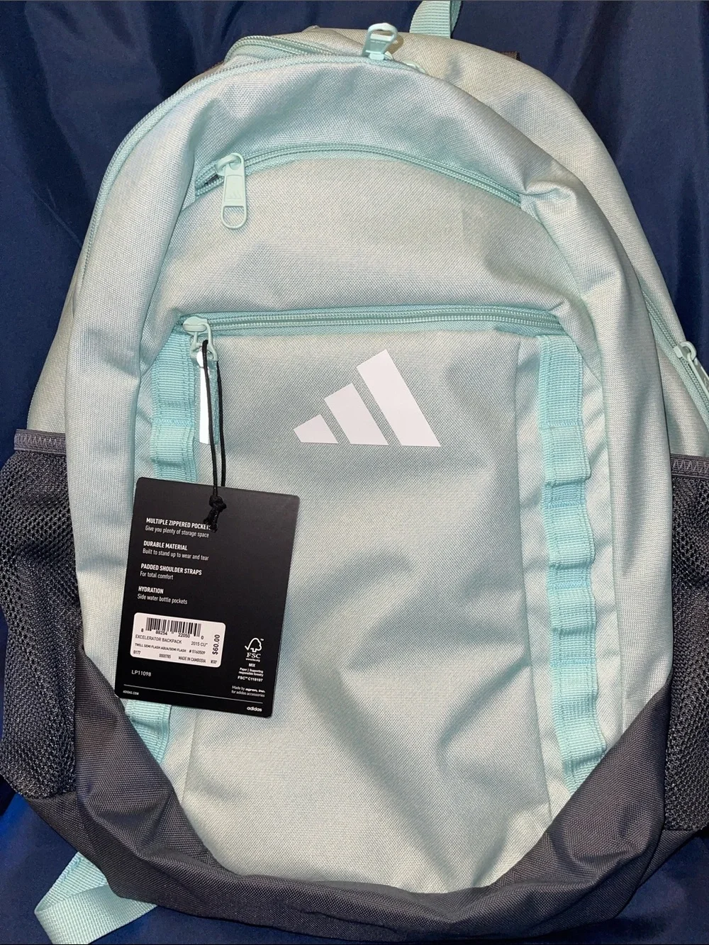 adidas Excelerator Twill Semi Flash Aqua Backpack with Gray Base - Picture 1 of 9